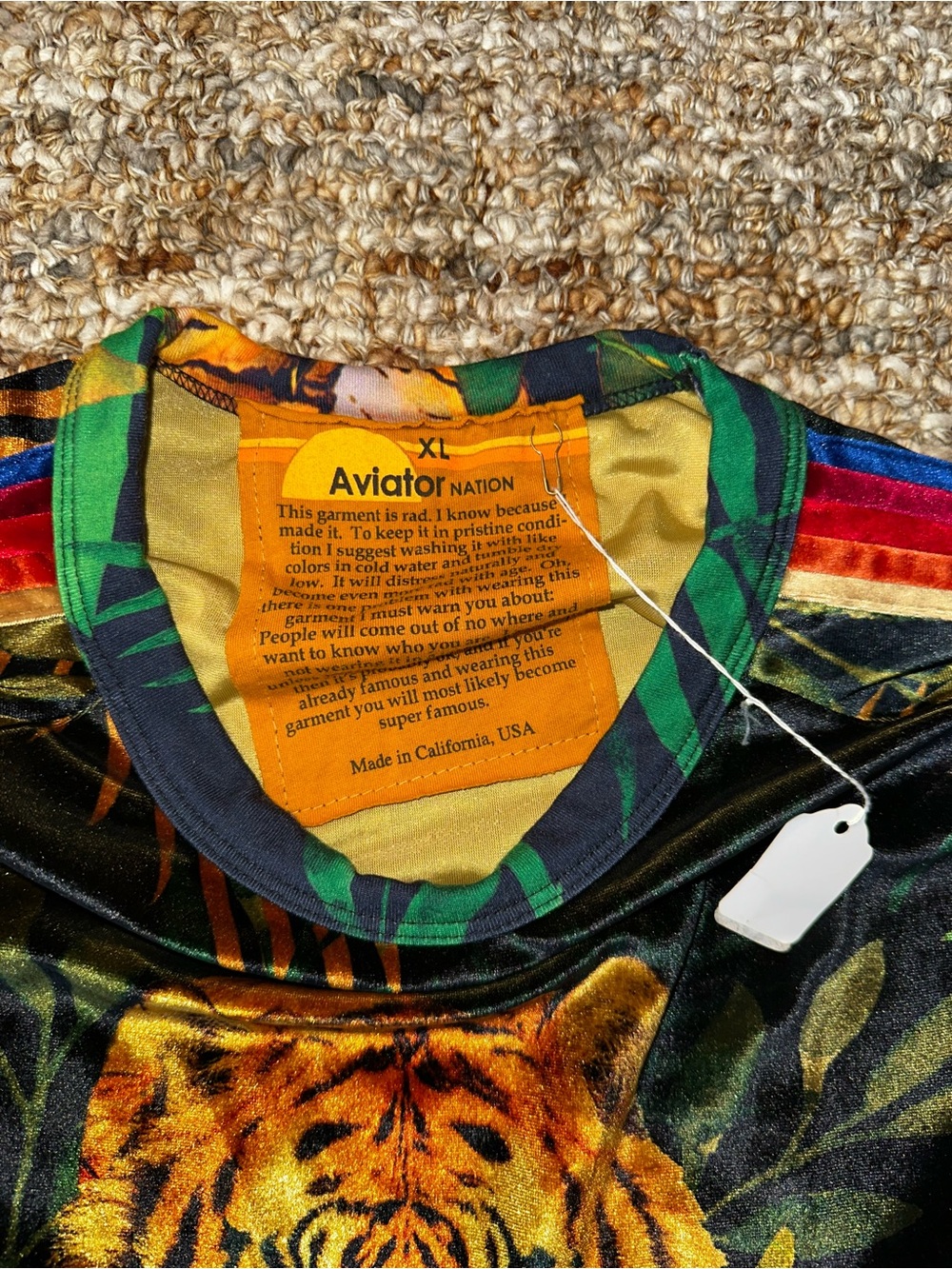 Aviator Nation Green Tiger Graphic Velvet Sweatshirt with Red Stripes - Picture 2 of 4